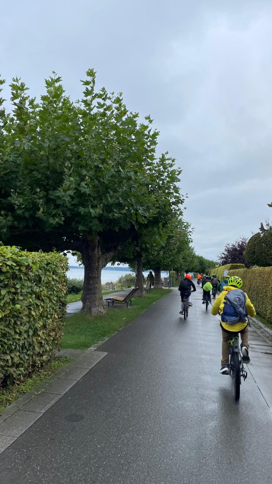 Sch&uuml;ler fahren in Reihe Fahrrad, links der Bodensee